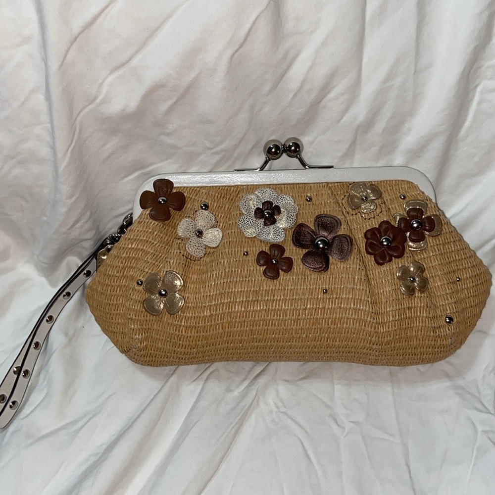 Coach Tan Straw Floral Appliqué Wristlet with Cream Trim - Picture 16 of 16